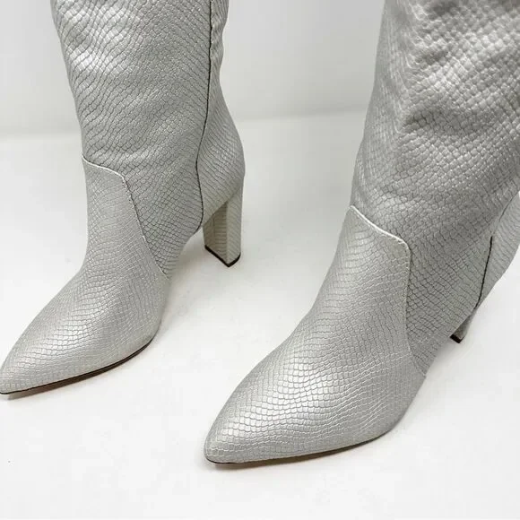 Y2k Silver Croc Embossed Leather Heeled Boots Size 6 Knee High Paige - Picture 4 of 8